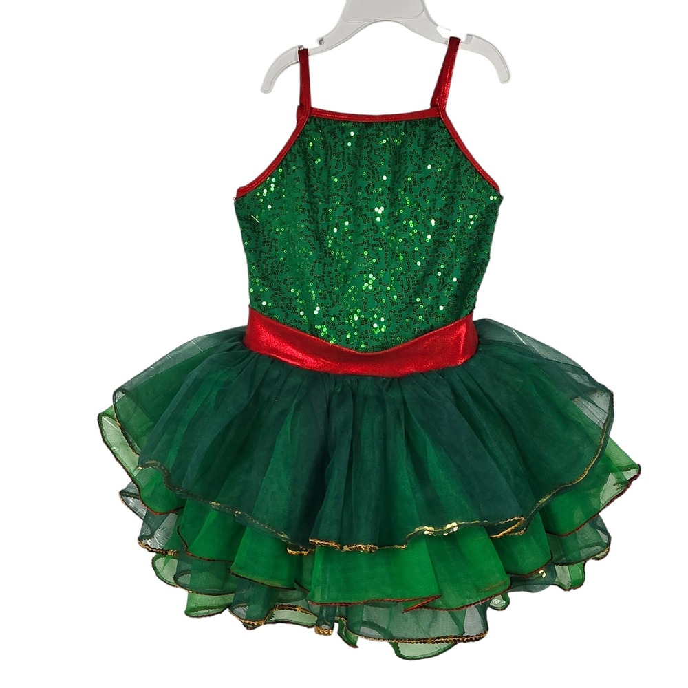 Green Sequin Holiday Dance Leotard‎ Tutu Dress Red Trim Kids Performance Costume